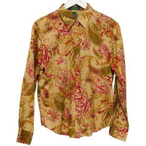 RALPH LAUREN Button Front Shirt Large Petite Brown Paisley Button Up Preppy
